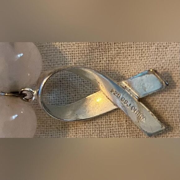 925 Sterling Silver Survivor Ribbon Charm Pink Beaded Stretch Bracelet Awareness - Picture 3 of 3